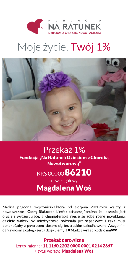 Plakat przekaż 1% podatku na Magdalene Woś